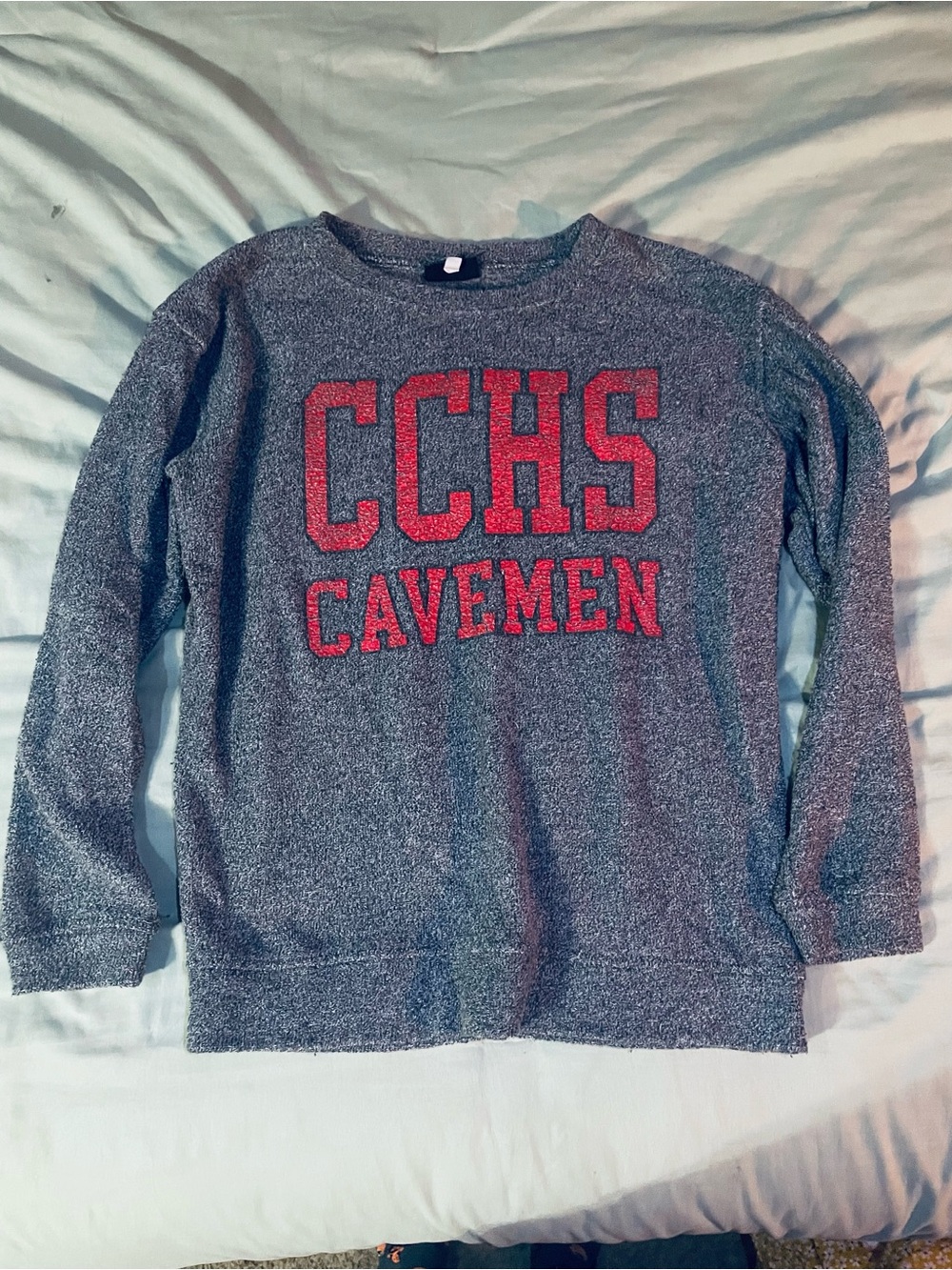 Gray Crewneck Sweater with Red CCHS Cavemen Lettering